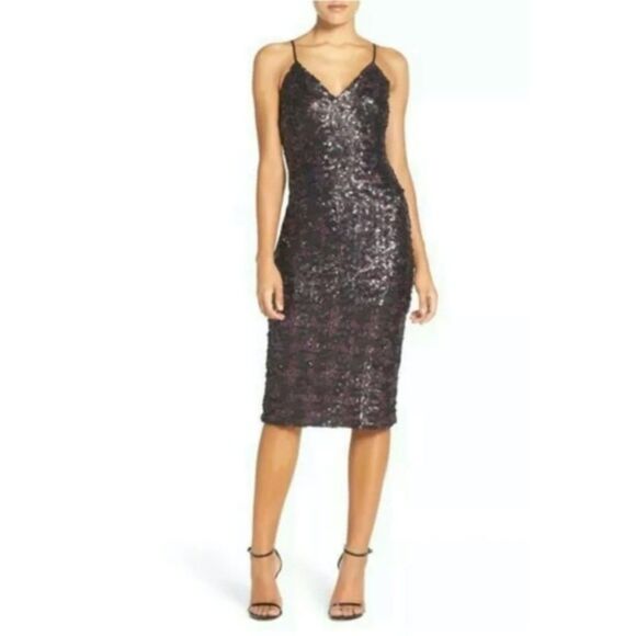 Dress the Population Nina Sequin Midi Dress sz Medium Black Cocktail purple Glam - Picture 1 of 8